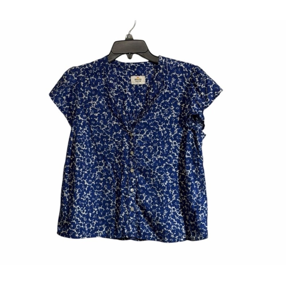 Marine Layer Small V-Neck Short-Sleeve Button-Up Blouse Blue White Floral